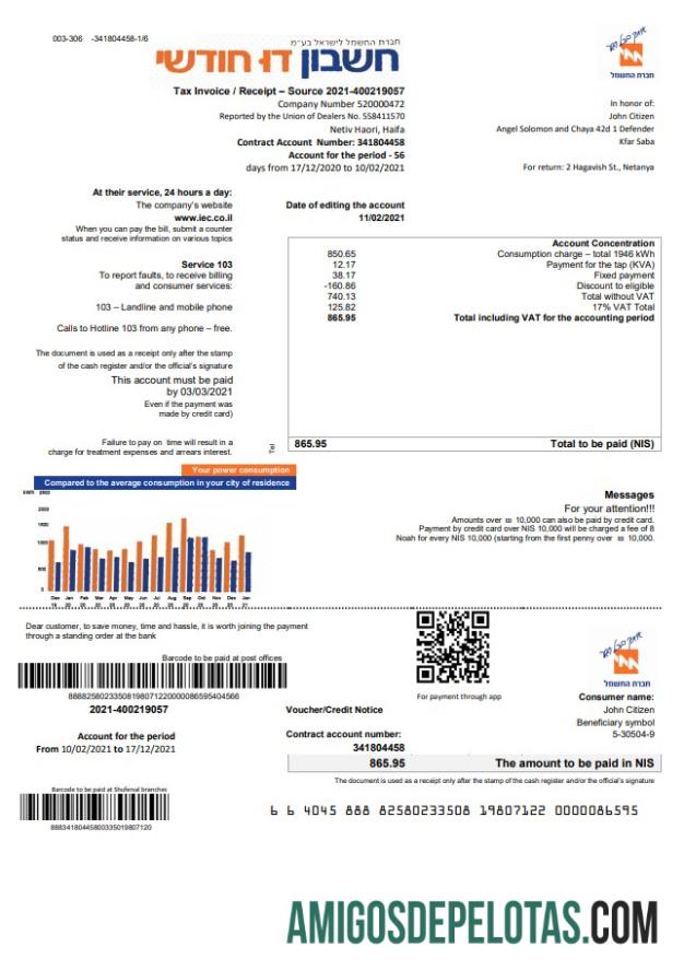 Para baixar modelo de conta de serviços públicos da Israel Electric Corporation em formato Word e PDF (.doc e .pdf), em inglês